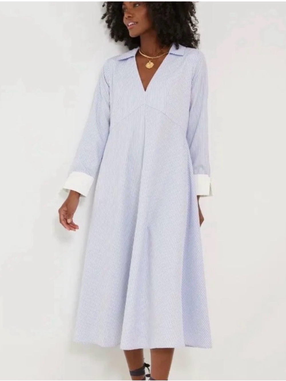 Pomander Place Light Blue and White Striped Midi Dress